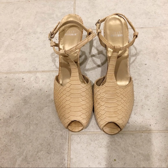 Stuart Weitzman Snake Python T-Strap Wedge Sandals - Picture 2 of 3